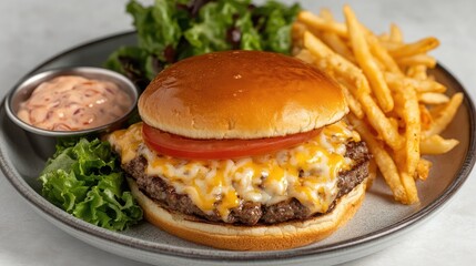 Classic cheeseburger with lettuce, tomato, and melted cheese on a white background, styled for food photography