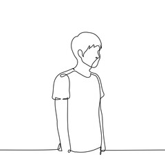 man in a t-shirt stands half portrait, three quarters angle - one line art vector. concept of young man standing