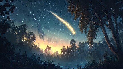 Forest clearing illuminated by a comet blazing across the sky