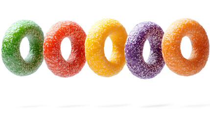 Assortment of sugary gummy rings in various colors isolated on transparent background, perfect for designs