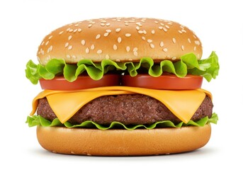 Juicy cheeseburger with sesame seed bun and fresh lettuce