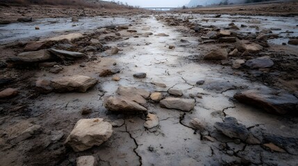A dried up riverbed with cracked mud and scattered debris