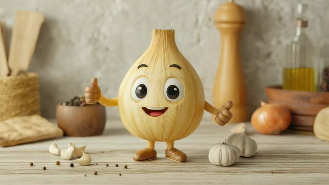 Cheerful garlic mascot giving a thumbs up in a kitchen scene