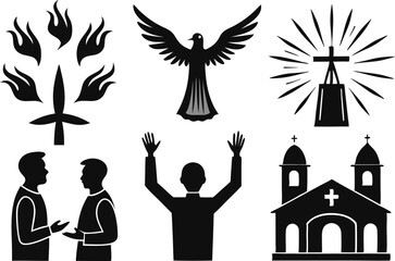 Pentecost Background Silhouette for Church Graphics. Holy Spirit Silhouette for Pentecost Sunday Design. Pentecost Flyer Illustration for Religious Events. Pentecost Silhouette Art