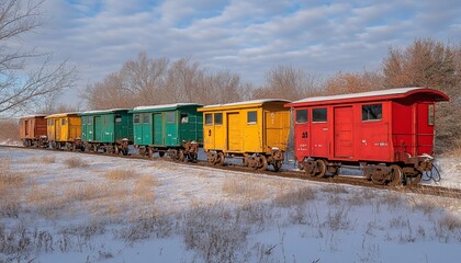 Obraz premium Colorful vintage rail cars stand out against a snowy landscape in winter day