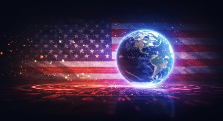 Photo of Earth Globe with United States Flag Background and Digital Lights