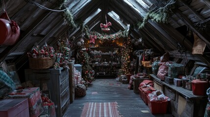 Obraz premium Attic floor covered with plastic bins and holiday ornaments in a dimly lit space
