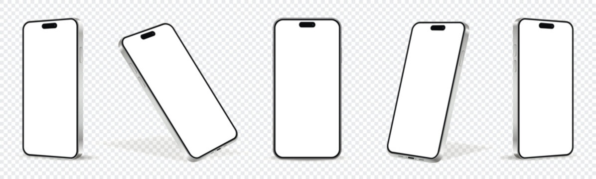 Mobile phone mockups, set of phones in different angles isolated on transparent background