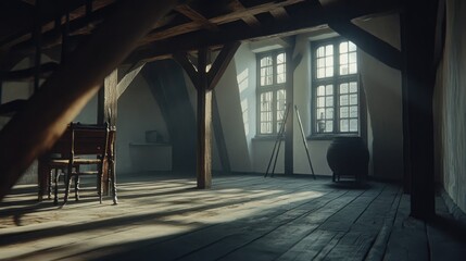 Attic window framed by wooden beams, light casting shadows across the rough floorboards