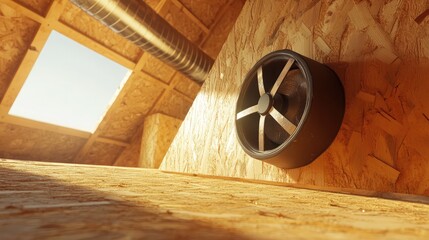 Attic with exposed ducts, clean plywood, and attic fan in corner wall