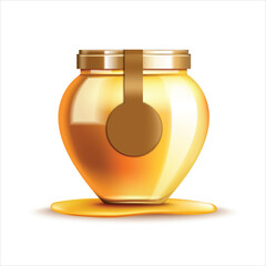 Realistic illustration of glass jar containing sweet honey isolated on white background