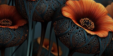 biomechanical alien plant with surreal floral background, strange futuristic flora on orange textured surface, conceptual sci-fi plant design with organic technology
