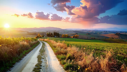 Italy autumn countryside landscape, dirty road and farmland over sunset sky