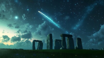 Comet above an ancient stone circle under a cloudy night sky