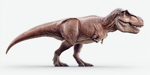 A formidable tyrannosaurus rex strides across a pristine white background, showcasing impressive detail and power. This prehistoric predator is a symbol of strength.