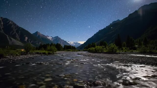 Majestic Mountain Range And River Reflecting The Starry Night Sky