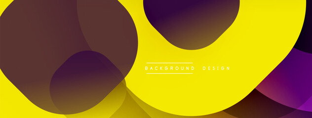 Abstract yellow background features overlapping circles, gradients. Modern design elements create dynamic visual impact.