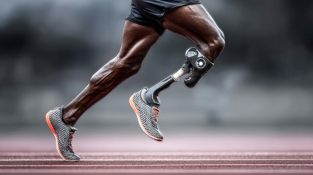 Close-up of an athlete with a prosthetic leg running on a track, showcasing the strength and perseverance.