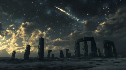 Comet above an ancient stone circle under a cloudy night sky