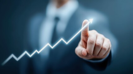 A businessperson's finger pointing upwards, with an arrow depicting growth and success. Represents concepts like strategy and progress.
