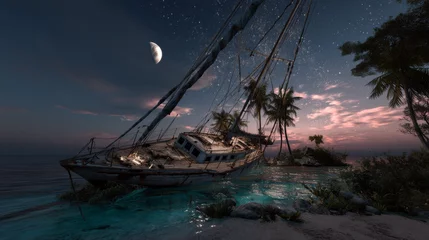 Wandcirkels Piraten Wrecked ship on night tropical island. Vector cartoon illustration of old abandoned sailboat with damaged board, torn sails, cracked steering wheel, shipwreck scene under dark sky with moon and stars  © Ruhi