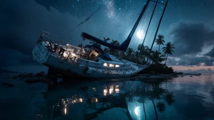 Wrecked ship on night tropical island. Vector cartoon illustration of old abandoned sailboat with damaged board, torn sails, cracked steering wheel, shipwreck scene under dark sky with moon and stars