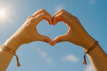 Two hands forming a heart shape, blue sky background, symbolizing love and connection, perfect for romantic themes.
