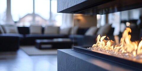 Modern Fireplace Design: Cozy Living Room with Glass-Enclosed Fire