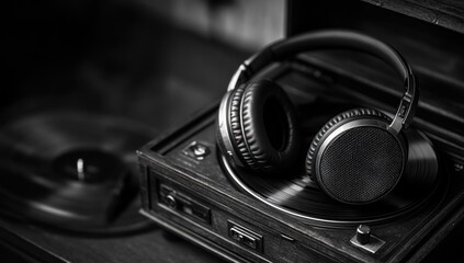 Headphones on Vinyl Record Player: A Monochrome Symphony of Nostalgia