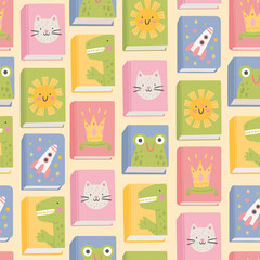 Cute seamless pattern with cartoon children books. Hand-drawn texture with different books covers. Vector background for wrapping paper or textile