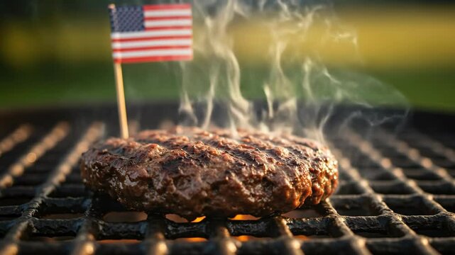 Close up sequence of a sizzling hamburger patty grilling outdoors with american flag
