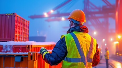 A worker wearing a hard hat and high-visibility vest looks out over a snowy shipping port scene, focused on his duties.
