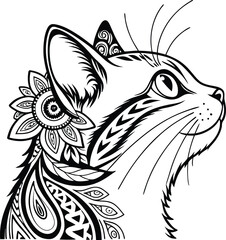 Ornate Black and White Persian Cat Portrait – Intricate Floral and Paisley Design