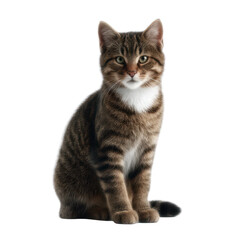 Obraz premium A cute domestic cat sitting gracefully, showcasing its striped fur and bright eyes, against a white isolated background.