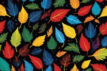 Vibrant Multicolor Leaves Pattern on Black Background – Bold Autumn-Inspired Illustration
