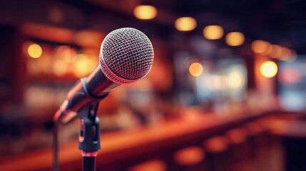 A close-up of a microphone on a stand, with warm bokeh lights in the background, ready for a performance or event.