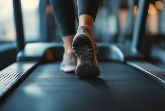 Close-up of a woman's feet in running shoes walking on a treadmill at the gym. Close-up of athlete's legs with copy space for advertising background
