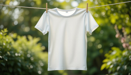 Clean White T-Shirt Hanging in the Sun on Clothesline