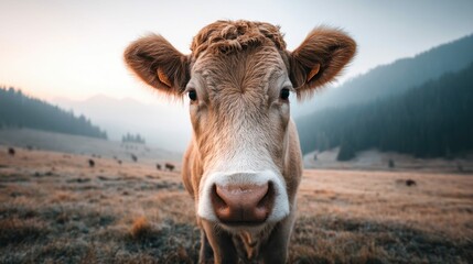 A close-up of a curious cow in a field, with a mountainous landscape in the background during a tranquil morning.