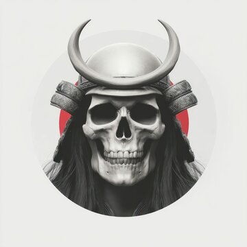 An artistic illustration of a skull adorned with a samurai helmet, set against a rising sun backdrop.