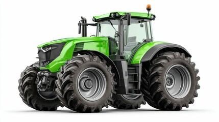 Obraz premium A vibrant green tractor is isolated on a white background, showcasing its powerful design. The image highlights the machine's robust tires and cab.