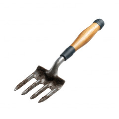 A gardening fork with a wooden handle and metallic prongs on a white isolated background, perfect for digging and turning soil in gardens.