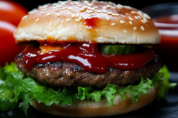 Juicy burger dripping with sauce served with fresh lettuce and pickles in a vibrant, casual setting