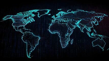 Futuristic Digital World Map with Glowing Lines – Global Data Network Concept