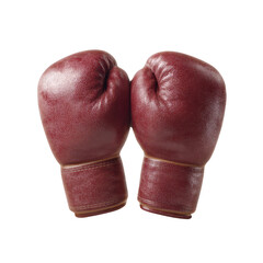 A pair of vintage red boxing gloves isolated on a white background, symbolizing the sport of boxing and its history in athletics.
