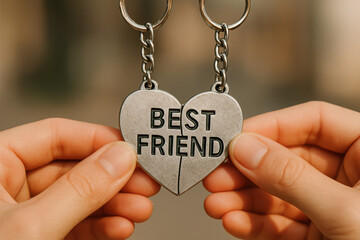 Hands holding matching heart-shaped keychains, symbolizing friendship, heartfelt gift, perfect for expressing bonds.