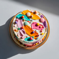 Art cake decorated with colorful frosting strokes and candy spheres in natural light