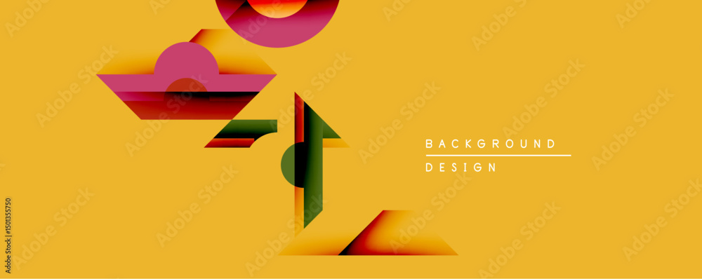 Poster Abstract geometric shapes overlap, creating dynamic composition. Warm yellow background contrasts with red, pink, green layers. Modern design element for backgrounds.