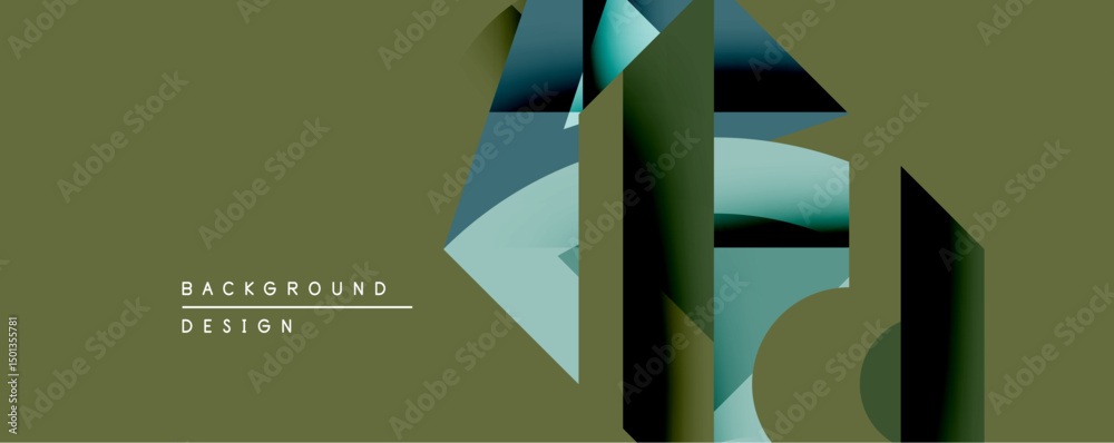 Poster abstract geometric design features layered shapes, gradients. teal, olive hues dominate composition.