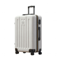 Fototapeta premium A sleek and modern white suitcase with a retractable handle and wheels, perfect for travelers looking for style and convenience.